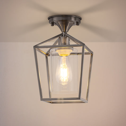 YANSUN 7 in. 1-Light Nickel Semi Flush Mount Ceiling Light, Farmhouse Retro Cage Kitchen Lighting Fixtures with Glass Shade