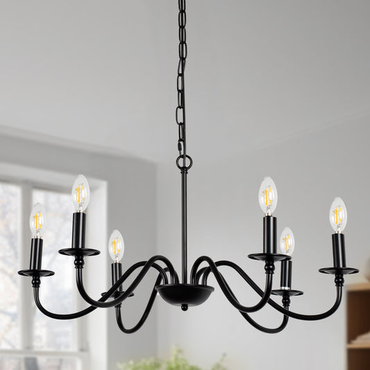 YANSUN 6-Light Black Candle Rustic Industrial Iron Chandeliers for Dining Room Living Room
