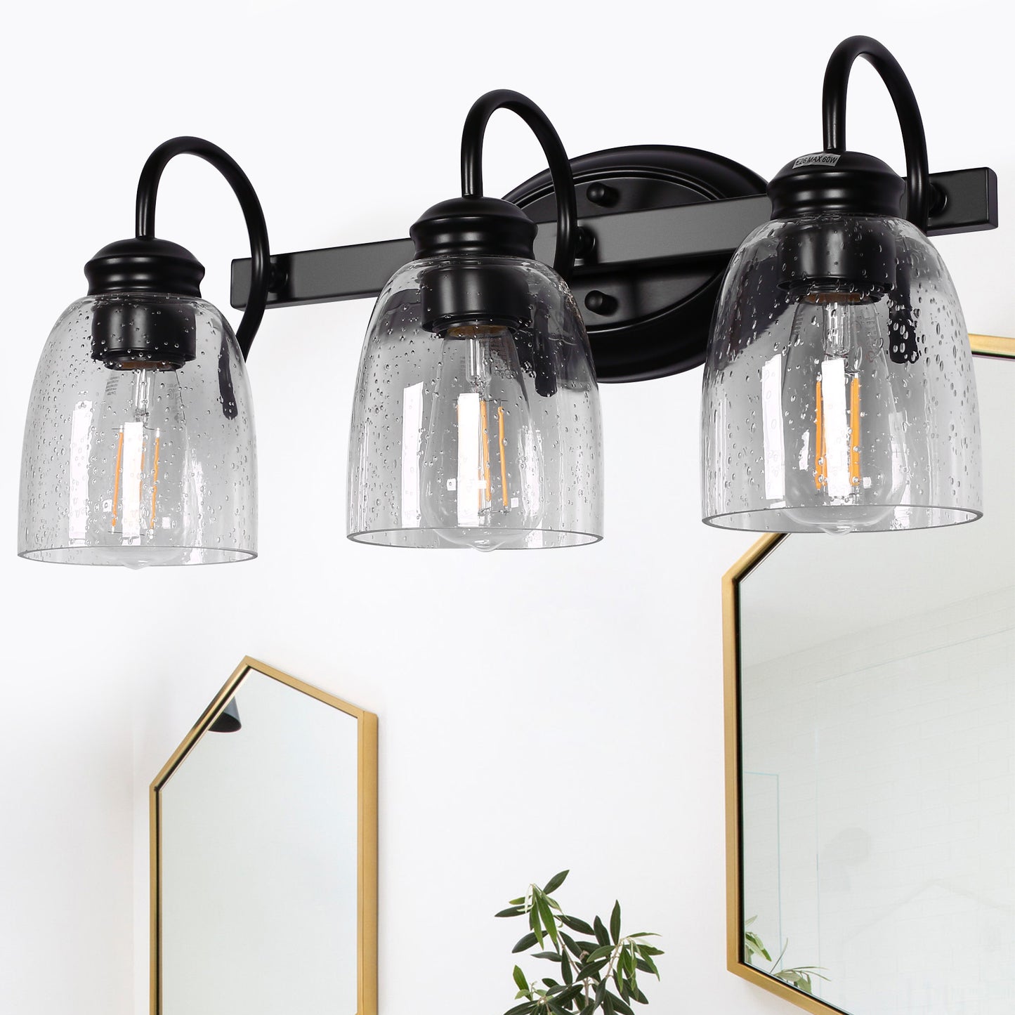 18.89 in. 3-Light Matte Black Modern Bathroom Vanity Light Mirror Wall Light with Black Accents and Seeded Glass Shade