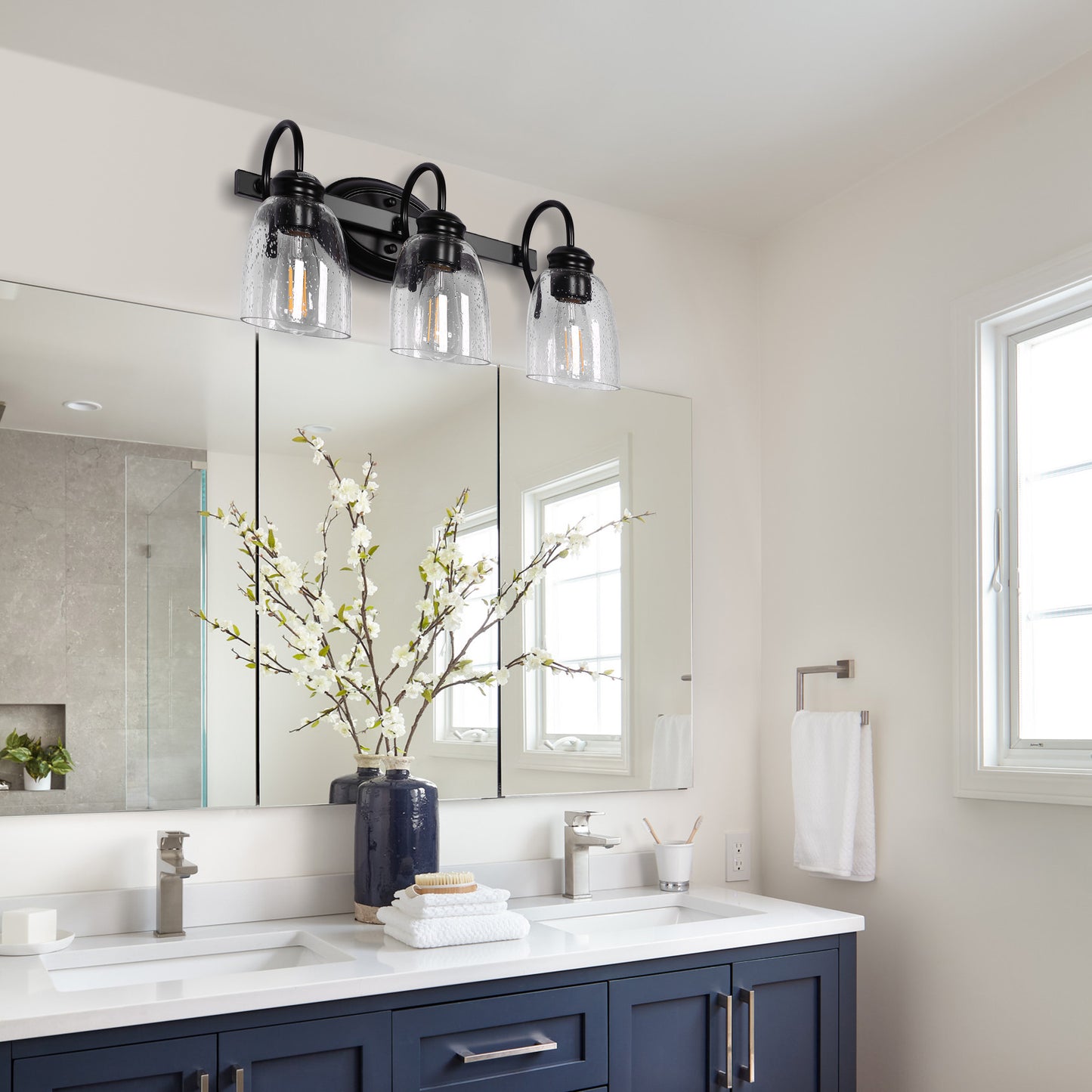 18.89 in. 3-Light Matte Black Modern Bathroom Vanity Light Mirror Wall Light with Black Accents and Seeded Glass Shade