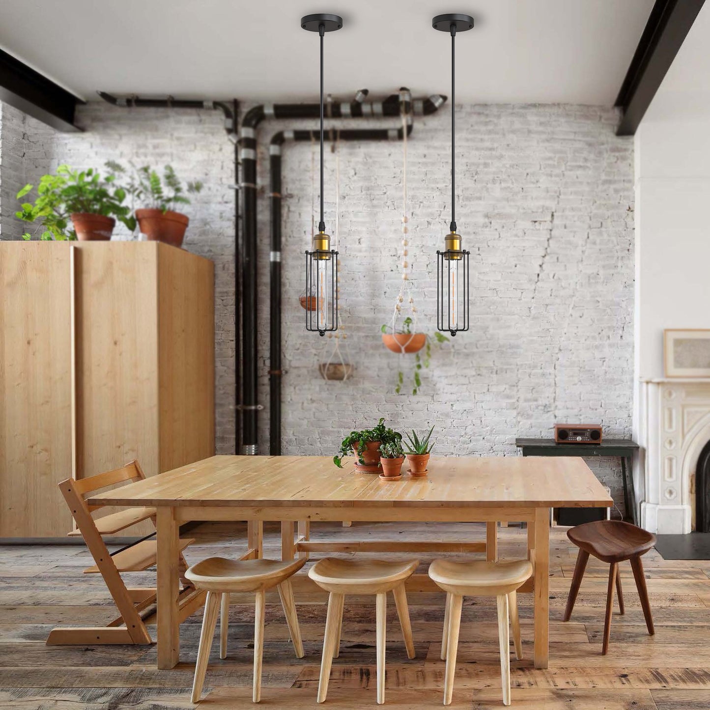 1-Light Black and Gold Caged Pendant Light Hanging Light Fixture For Foyer /Kitchen Island/Bar/Entryway-2PCS