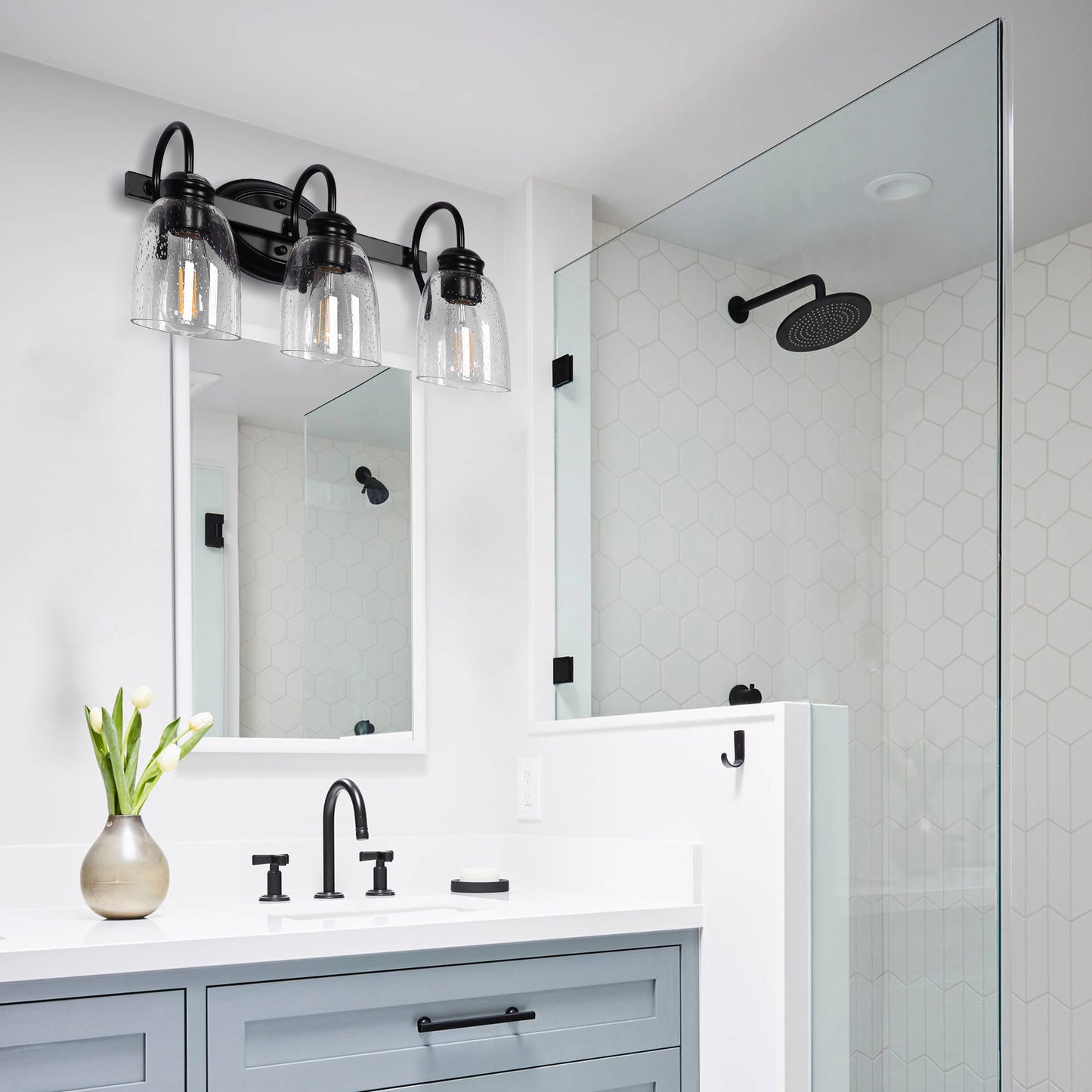 18.89 in. 3-Light Matte Black Modern Bathroom Vanity Light Mirror Wall Light with Black Accents and Seeded Glass Shade