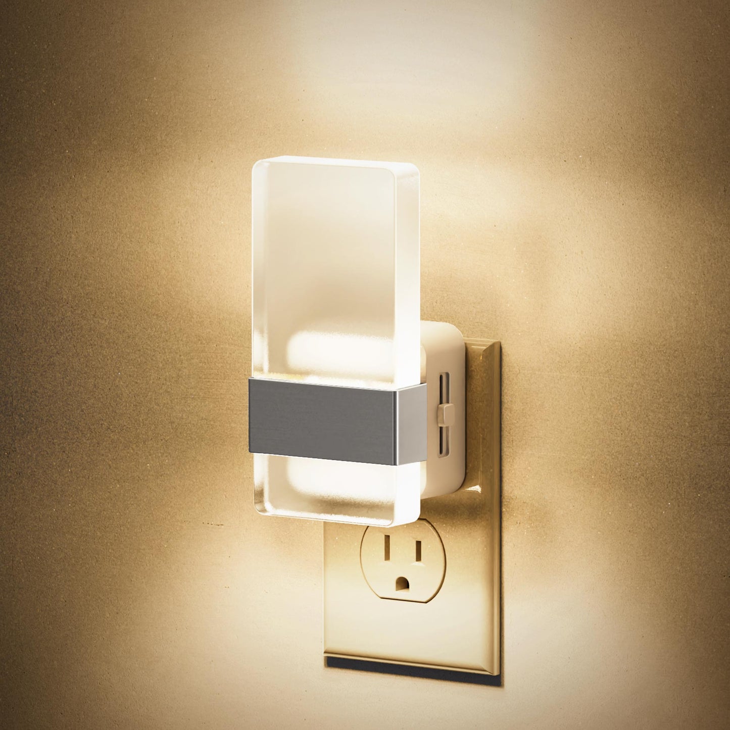 YANSUN 1W Integrated LED Plug-In Night Light, Warm 3000K, Frosted Acrylic Square Column, Slide Dimming, Light Sensor, 2-Pack