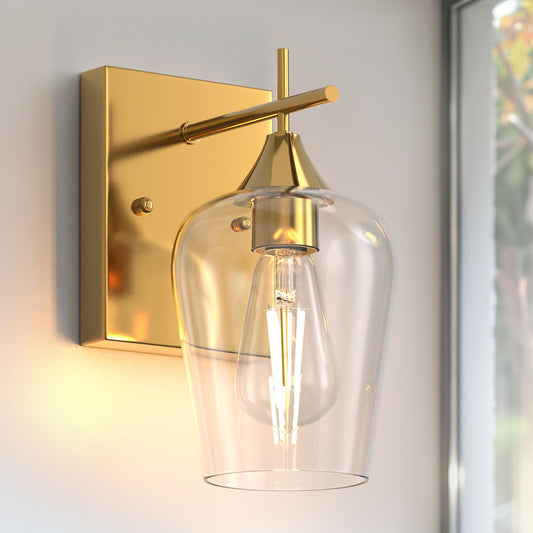 YANSUN 7.09 in. 1-Light Cone Gold Wall Sconce with Clear Glass Shade for Bathroom