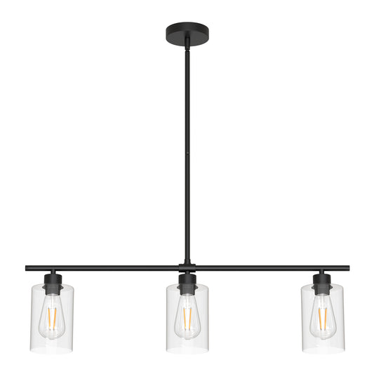 YANSUN 3 Light American Style KD Pendant Light with Clear Glass Shades, Black Finish, Adjustable Height, No Bulb Included