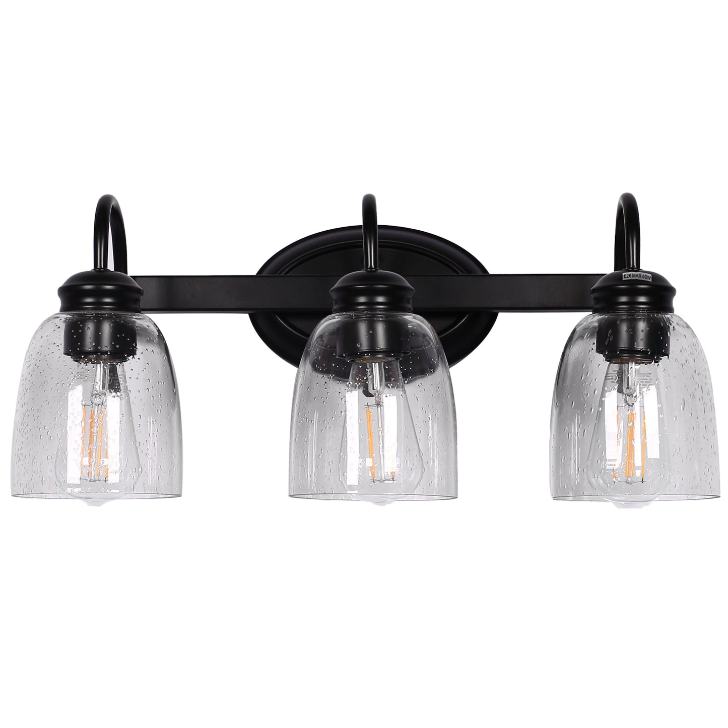 18.89 in. 3-Light Matte Black Modern Bathroom Vanity Light Mirror Wall Light with Black Accents and Seeded Glass Shade
