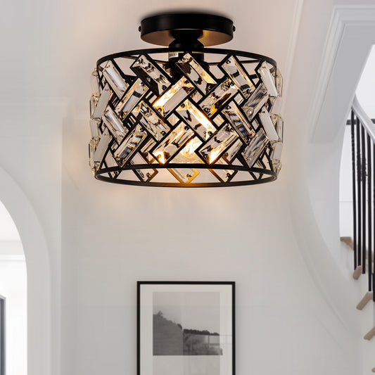 YANSUN 8 in. 1-Light Black Modern Semi-Flush Mount with Shade and No Bulbs Included