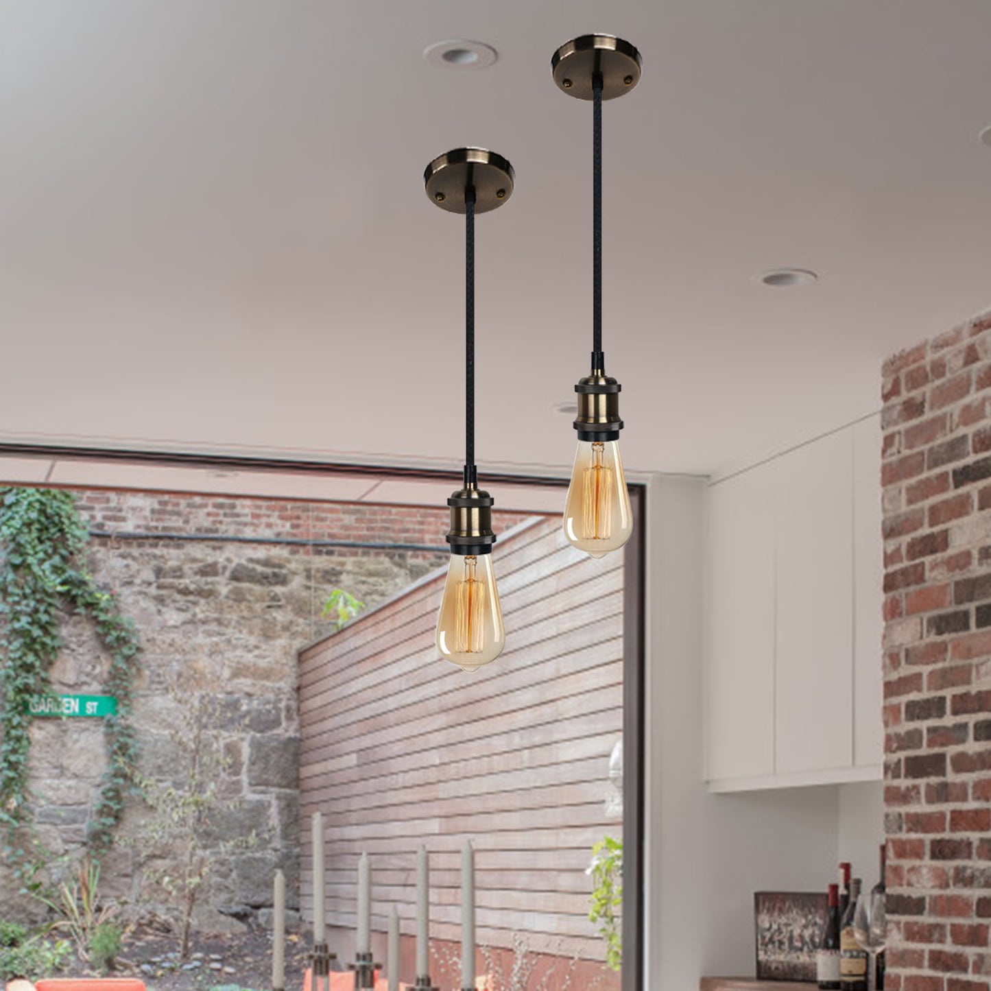 1-Light Pendant Light, Glossy Black Faux Ceramic Socket, Designer Black Cloth Hanging Cord,2PCS