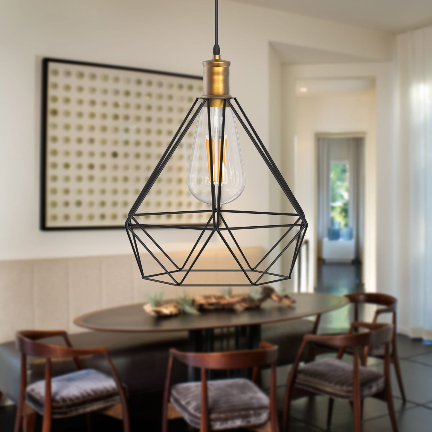 8.66" H 1-Light Black Wrought Iron Mesh Diamond Pendant,Fashion design perfect for Corridors,Restaurants, Bedrooms