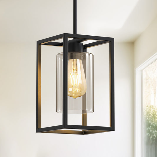 YANSUN 7 in. 1-Light Black Square Chandelier with Clear Glass, Retro Industrial Hanging Light for Kitchen Island