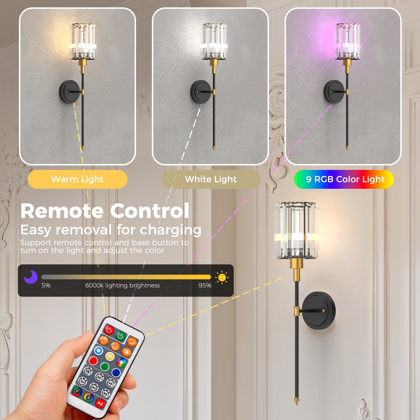 YANSUN 2pk Modern Crystal Wall Sconce with Remote Control, 24.6" Black & Copper Decorative Indoor Wall Light with RGB Color Changing Bulb