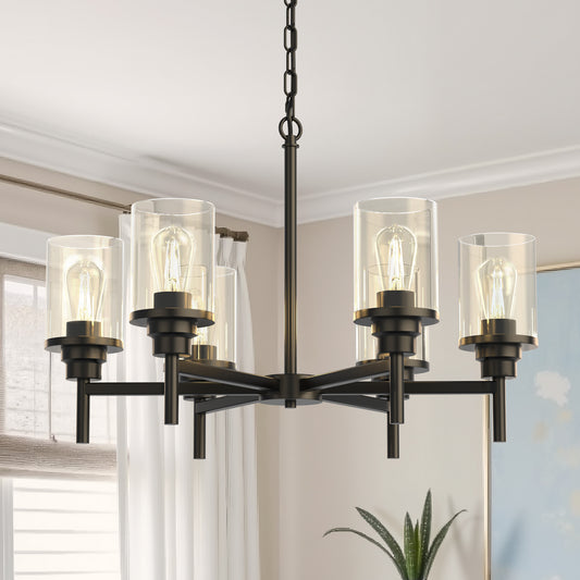 YANSUN 6-Light Black Farmhouse Chandelier Adjustable Height with Clear Glass Shades for Kitchen Island Dining Room