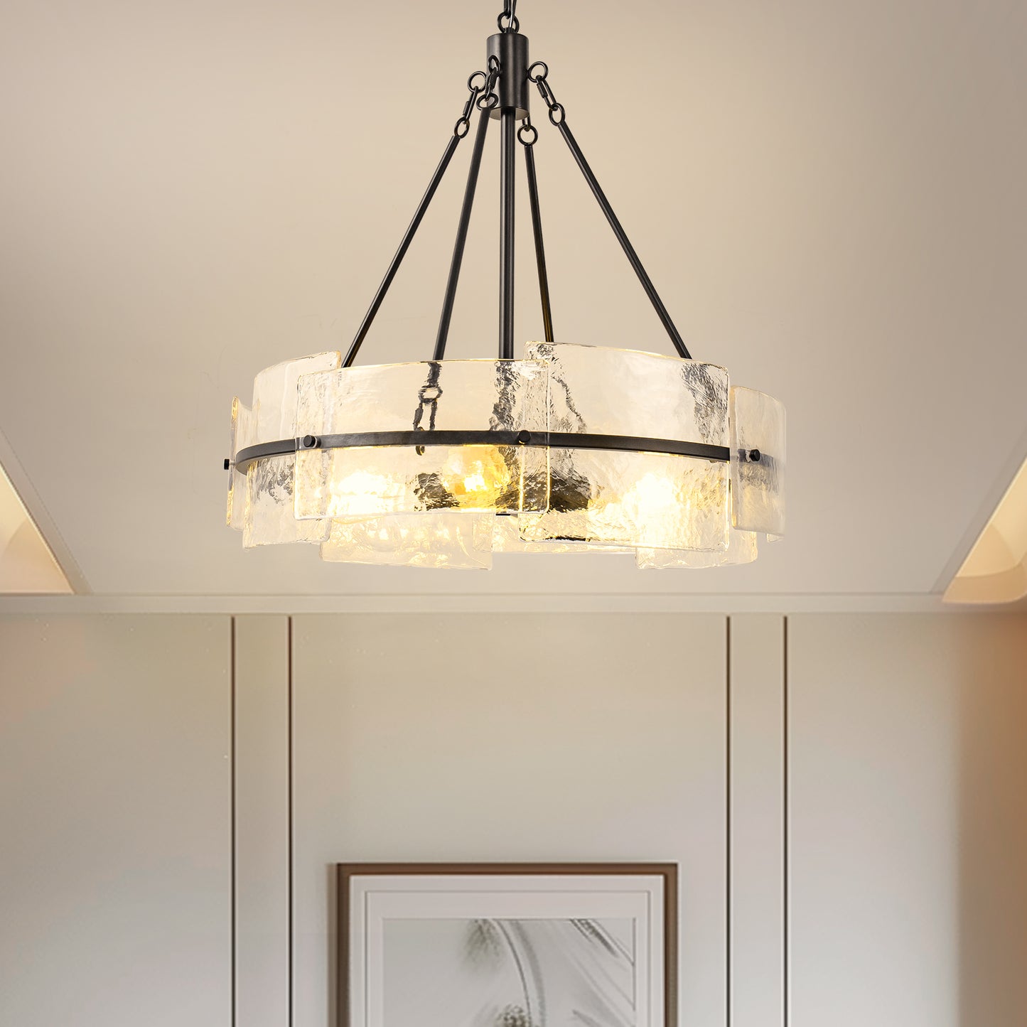 YANSUN 22 in. 4-Light Black Modern Farmhouse Pendant Light with Textured Clear Glass for Kitchen Island, Dining Room, Hallway