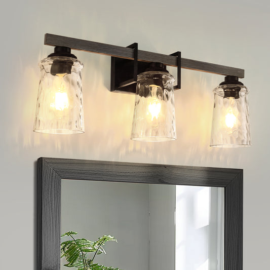 YANSUN 26 in. 3 Light Black and Wood Grain Rustic Farmhouse Bell Vanity Light for Bathroom Mirror with Water Glass