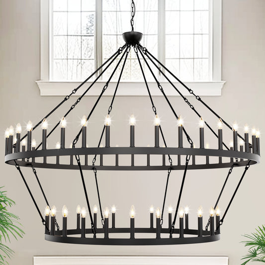 YANSUN 70 in. 64-Light Black Farmhouse Wagon Wheel Chandelier 2-Tiers Extra-Large Pendant Light Fixtures for Living Room
