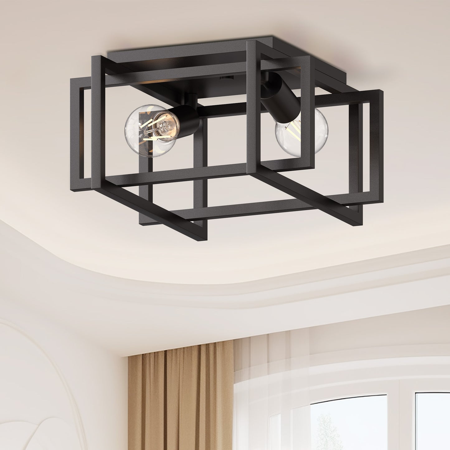 YANSUN 11.5 in. 2-Light Black Flush Mount Ceiling Light for Bedroom