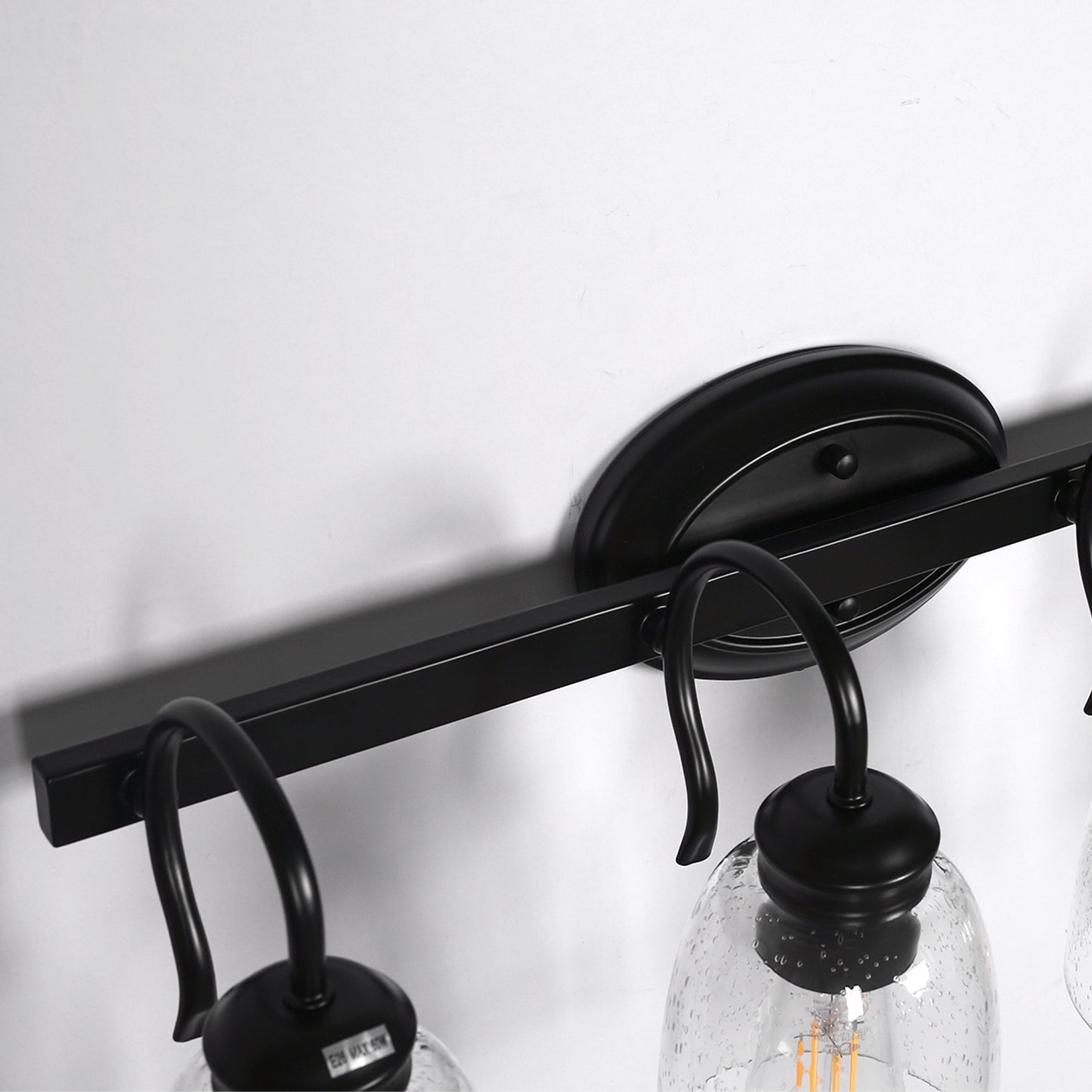 18.89 in. 3-Light Matte Black Modern Bathroom Vanity Light Mirror Wall Light with Black Accents and Seeded Glass Shade