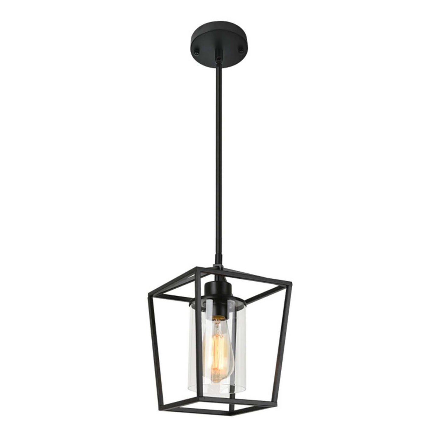 YANSUN 1-Light Matte Black Modern Farmhouse Cage Lantern Chandelier with Clear Glass Shade for Dining Room