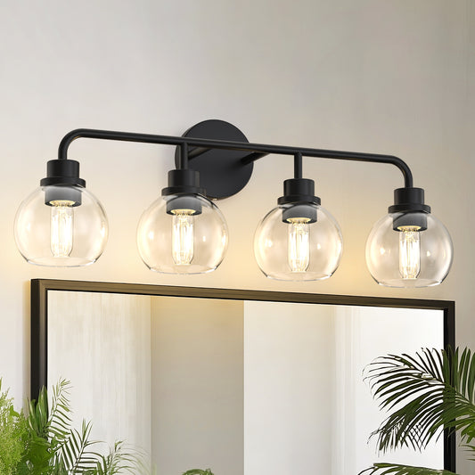 YANSUN 26 in. 4-Light Black Bathroom Vanity Light with Clear Globe Shades, Modern Wall Fixture for Bathrooms, Hallways