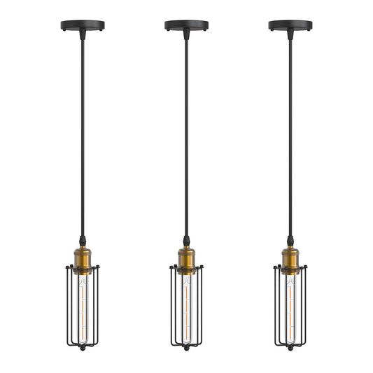 1-Light Black and Gold Caged Pendant Light Hanging Light Fixture For Foyer /Kitchen Island/Bar/Entryway-3PCS