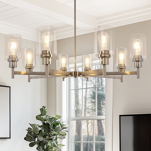 YANSUN 8-Light Brushed Nickel Industrial Chandelier with Clear Glass Cylinder Shades, perfect for Dining Room and Living Room