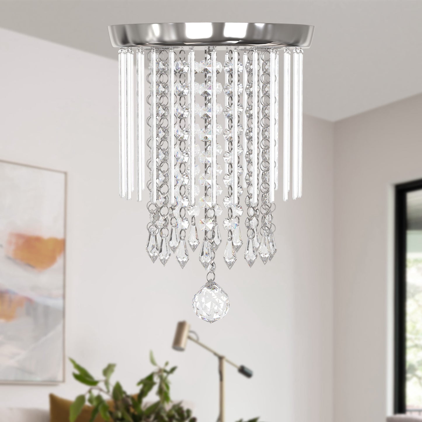Silver Spiral Crystal Chandelier, Modern K9 Crystal Flush Mount Chandelier Raindrop Ceiling Lamp Lighting Fixtures for Livingroom Dining Room Hallway Stairway Foyer