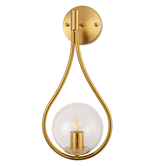 YANSUN 7.87 in. 1-Light Gold Wall Sconce Mid-Century Water Drop Design with Global Seeded Glass Shade for Bedroom Bedsides