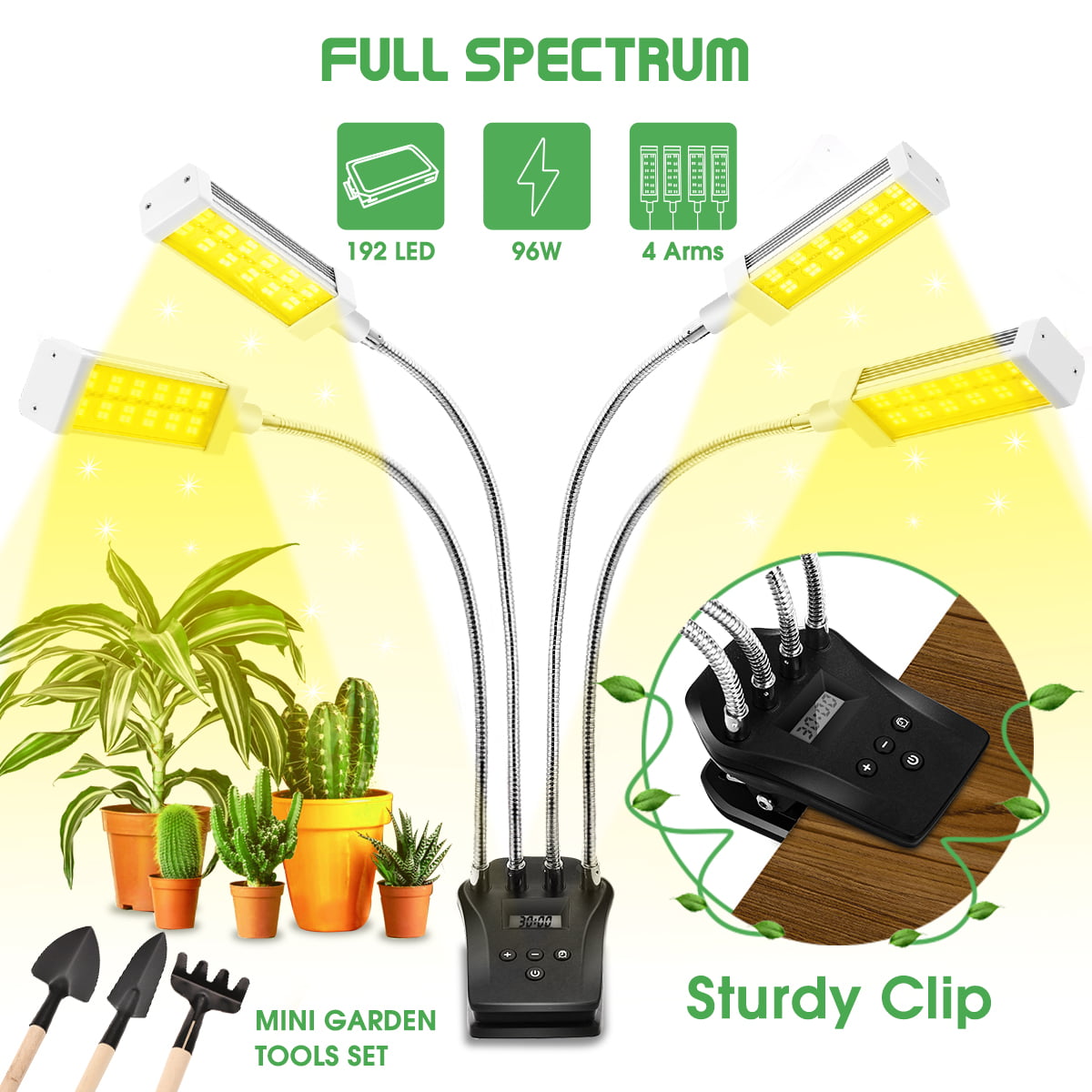 4 Head Grow Lights Full Spectrum Plant Grow Light with Timer, Plant Growing Lamps for Seedlings Adjustable Goose neck & Desk Clip On, 4 Switch Modes 10 Brightness Settings