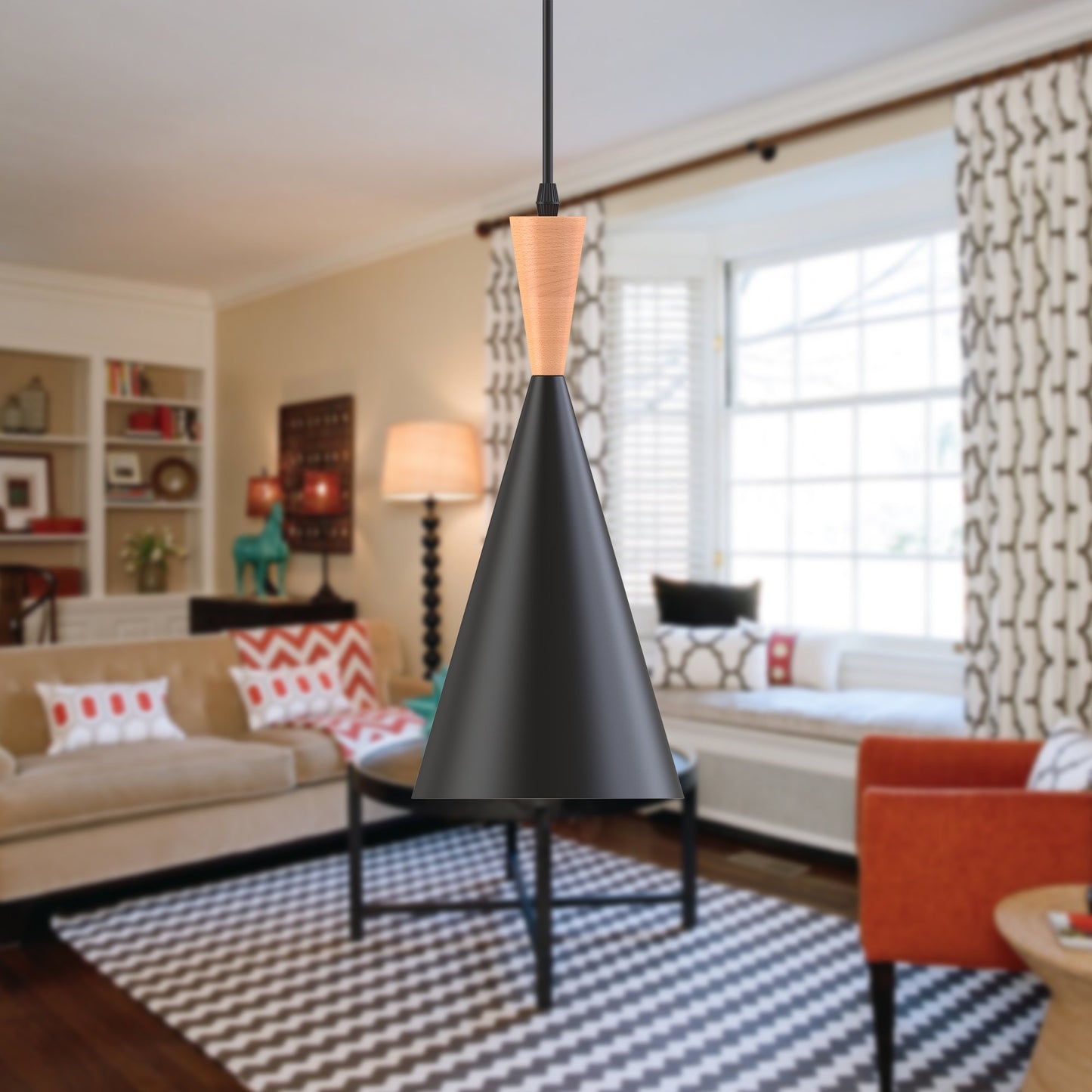 1-Light Matte Black Pendant Light with Metal Shade and Wood