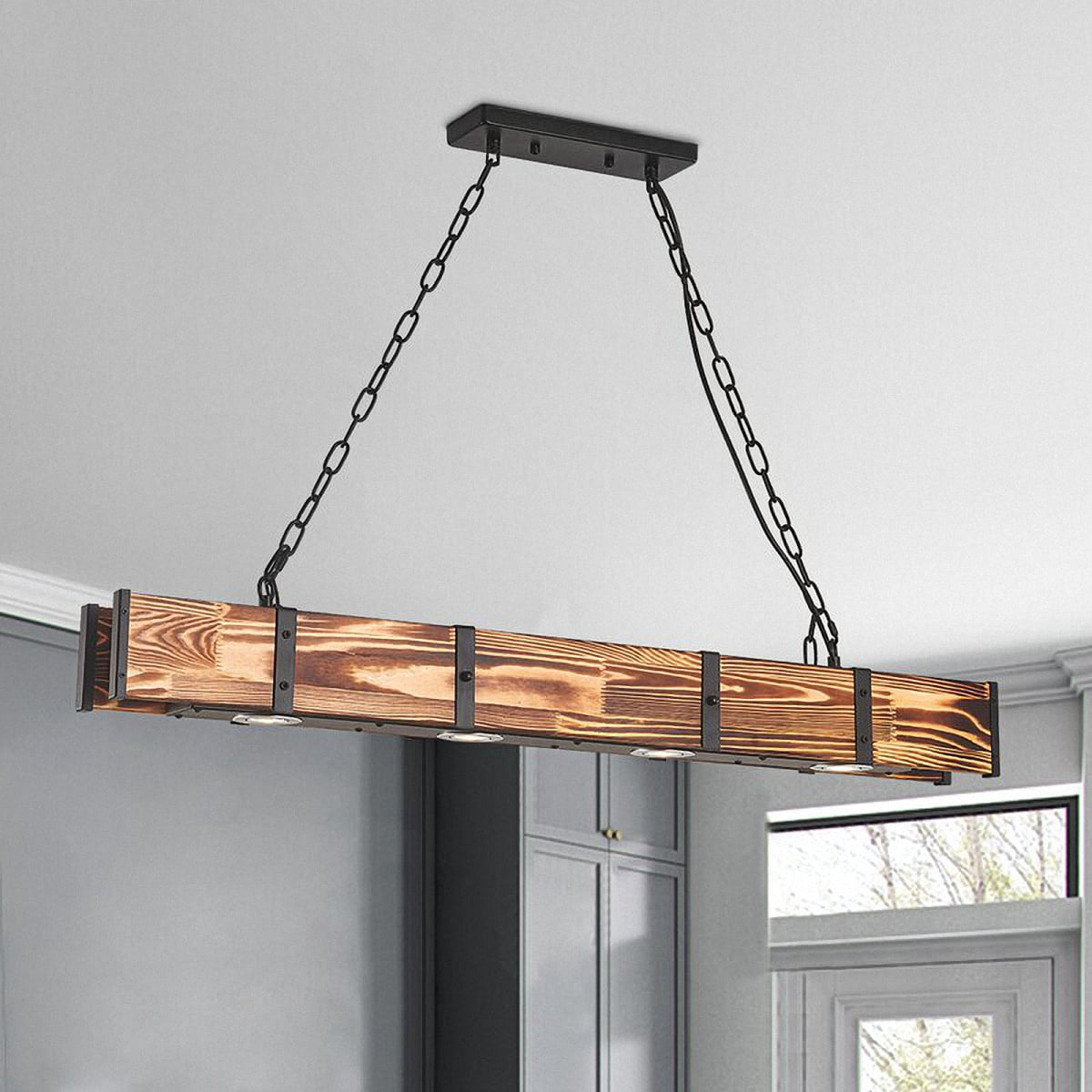 4 Light Solid Wood Farmhouse Chandelier ,Kitchen Celling Light Fixture,Adjust Height Pendant Light,Built-in Light Source