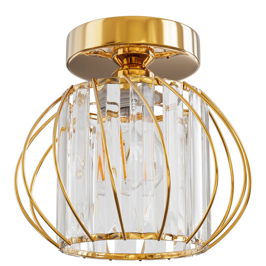 YANSUN 7 in. 1-Light Modern Gold Semi Flush Mount Ceiling Light with Clear Crystal