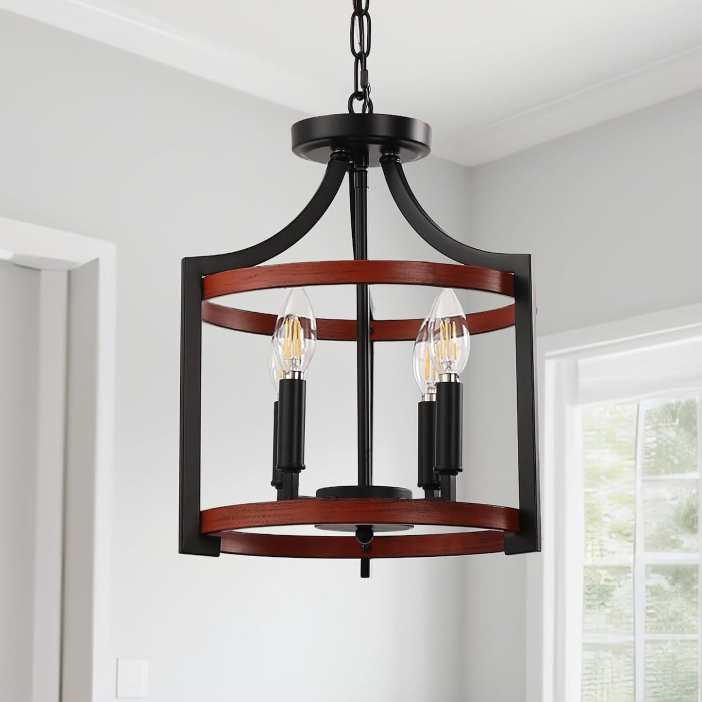 YANSUN 4-Light Black and Wood Drum Pendant Light, Convertible Semi Flush Mount Ceilingfor Dining Room,Bedroom, Foyer, Entryway