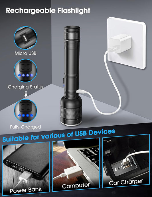 2000 Lumen Rechargeable LED Flashlight with Zoomable, 4 Modes, and Water Resistant, Ideal for Camping, Emergence(2-Pack)