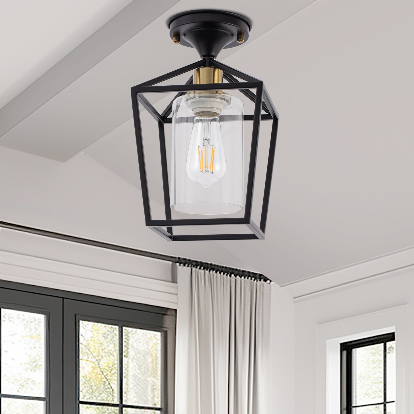 7 in. 1-Light Black Gold Semi Flush Mount Ceiling Light,Farmhouse Retro Cage Kitchen Lighting Fixtures with Glass Shade