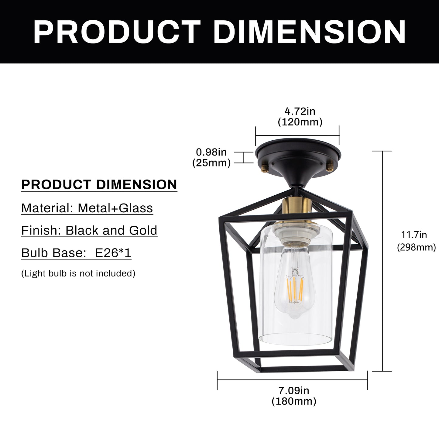 7 in. 1-Light Black Gold Semi Flush Mount Ceiling Light,Farmhouse Retro Cage Kitchen Lighting Fixtures with Glass Shade