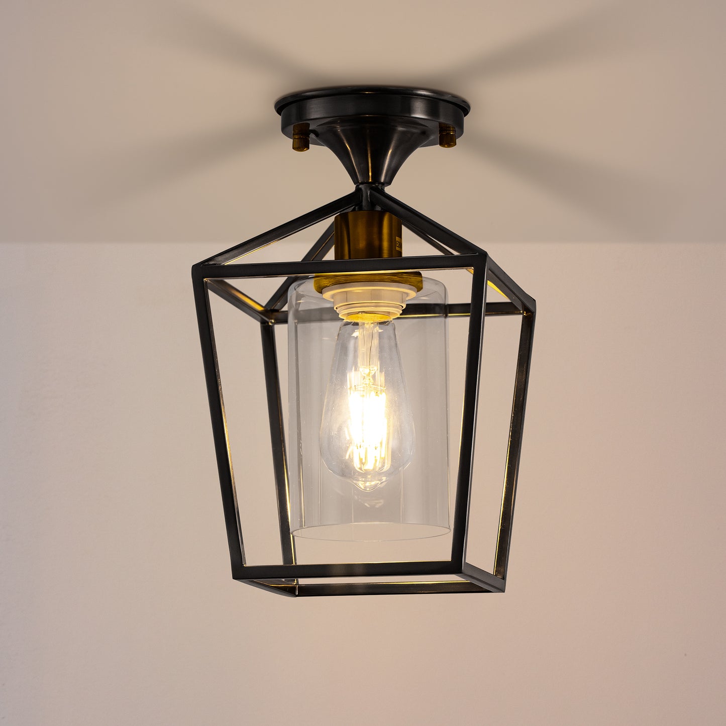 7 in. 1-Light Black Gold Semi Flush Mount Ceiling Light,Farmhouse Retro Cage Kitchen Lighting Fixtures with Glass Shade