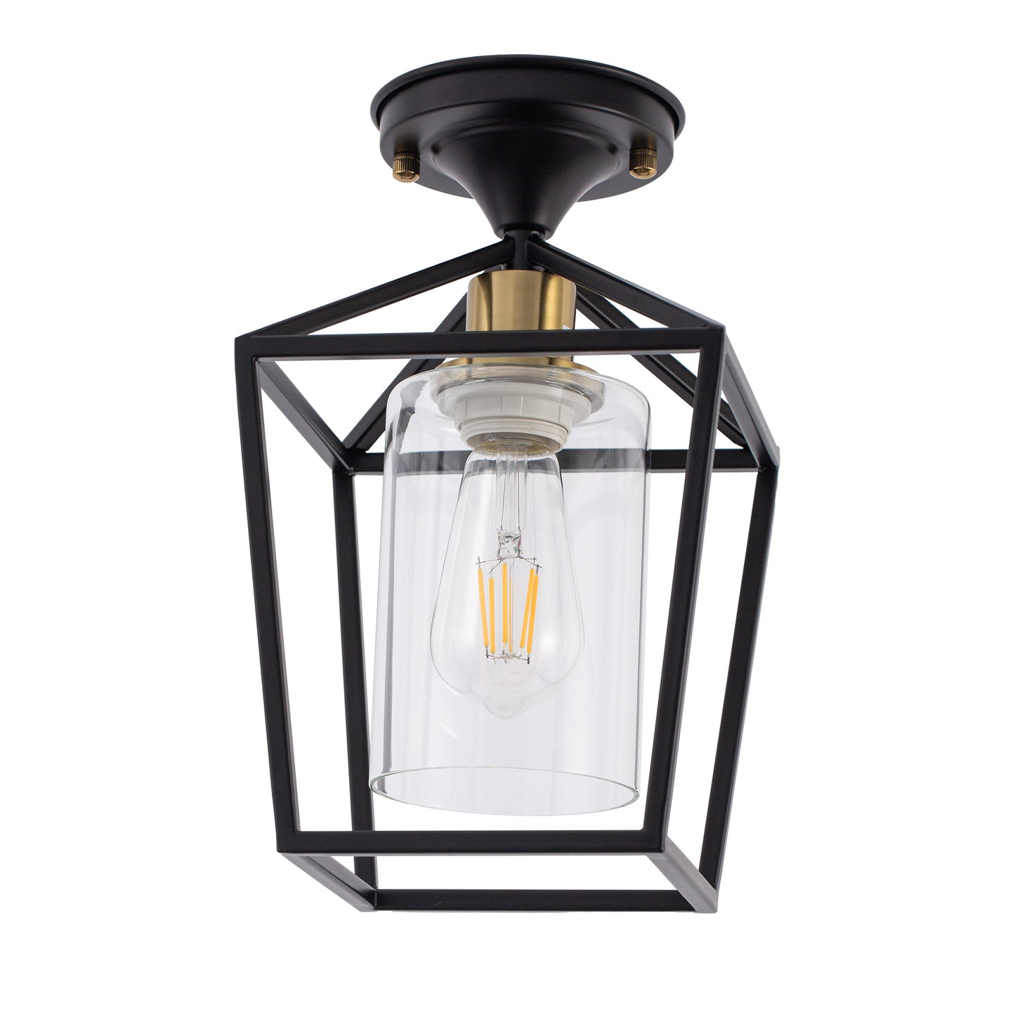 7 in. 1-Light Black Gold Semi Flush Mount Ceiling Light,Farmhouse Retro Cage Kitchen Lighting Fixtures with Glass Shade