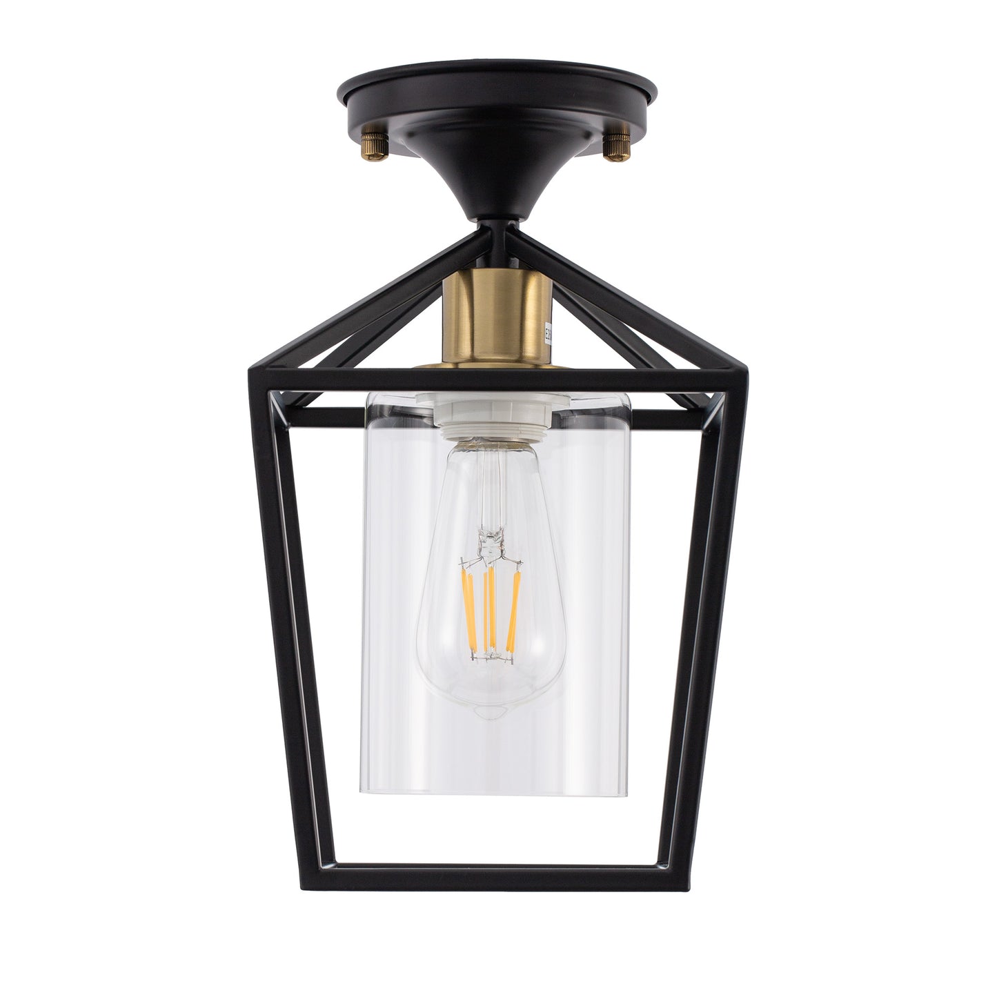 7 in. 1-Light Black Gold Semi Flush Mount Ceiling Light,Farmhouse Retro Cage Kitchen Lighting Fixtures with Glass Shade