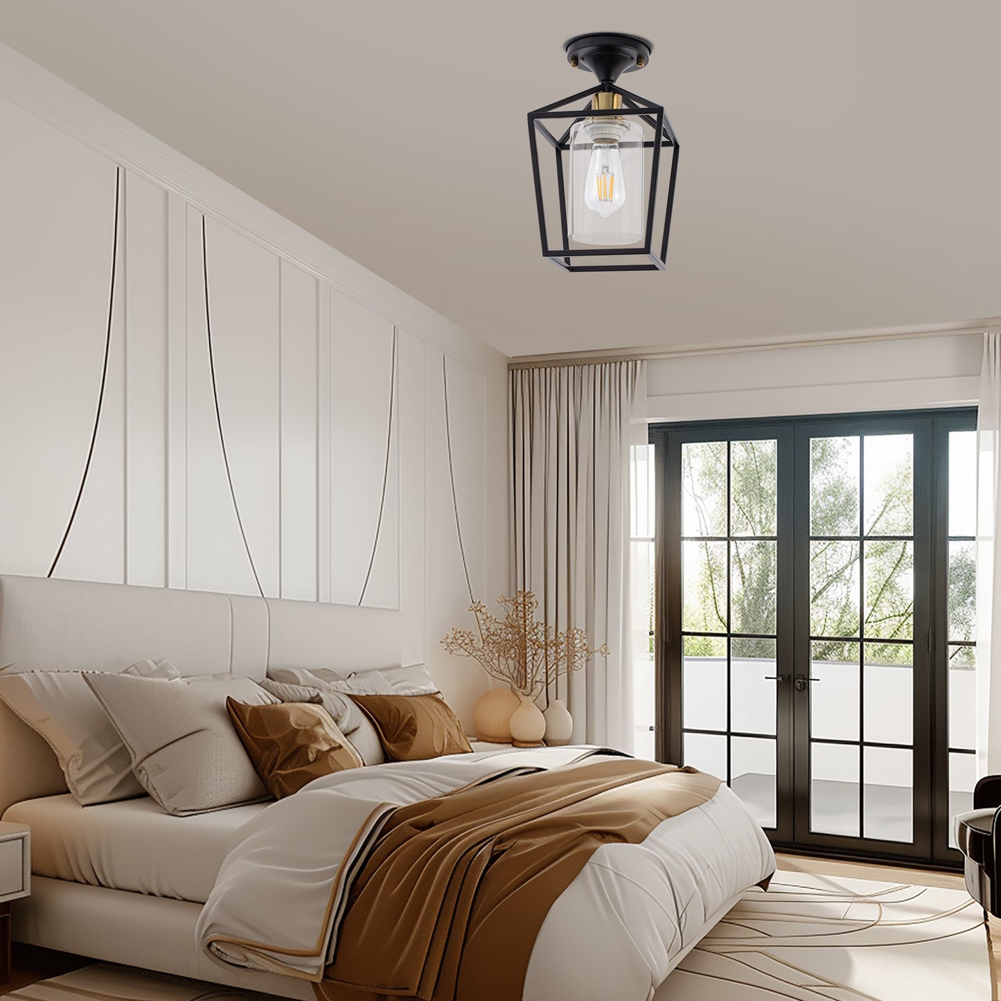 7 in. 1-Light Black Gold Semi Flush Mount Ceiling Light,Farmhouse Retro Cage Kitchen Lighting Fixtures with Glass Shade