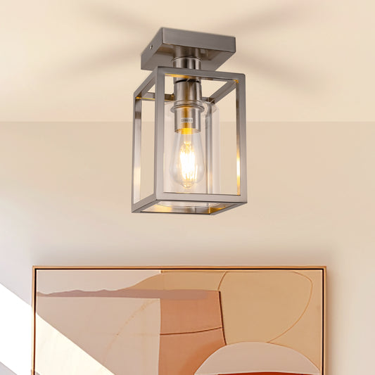 Nickel 1-Light Farmhouse Cage Semi Flush Mount Ceiling Light with Glass Shade for Living Room, Bedroom, Entryway