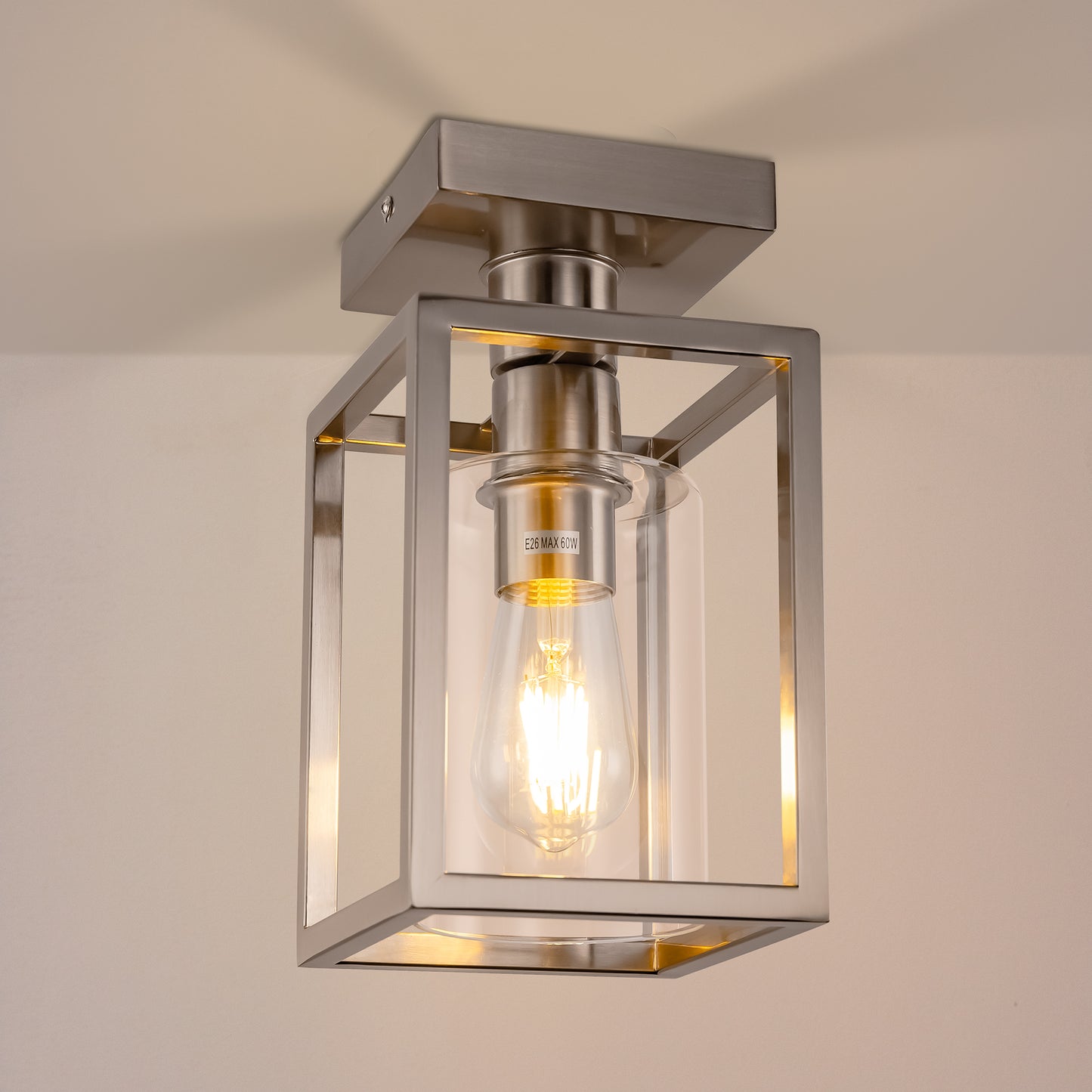 Nickel 1-Light Farmhouse Cage Semi Flush Mount Ceiling Light with Glass Shade for Living Room, Bedroom, Entryway