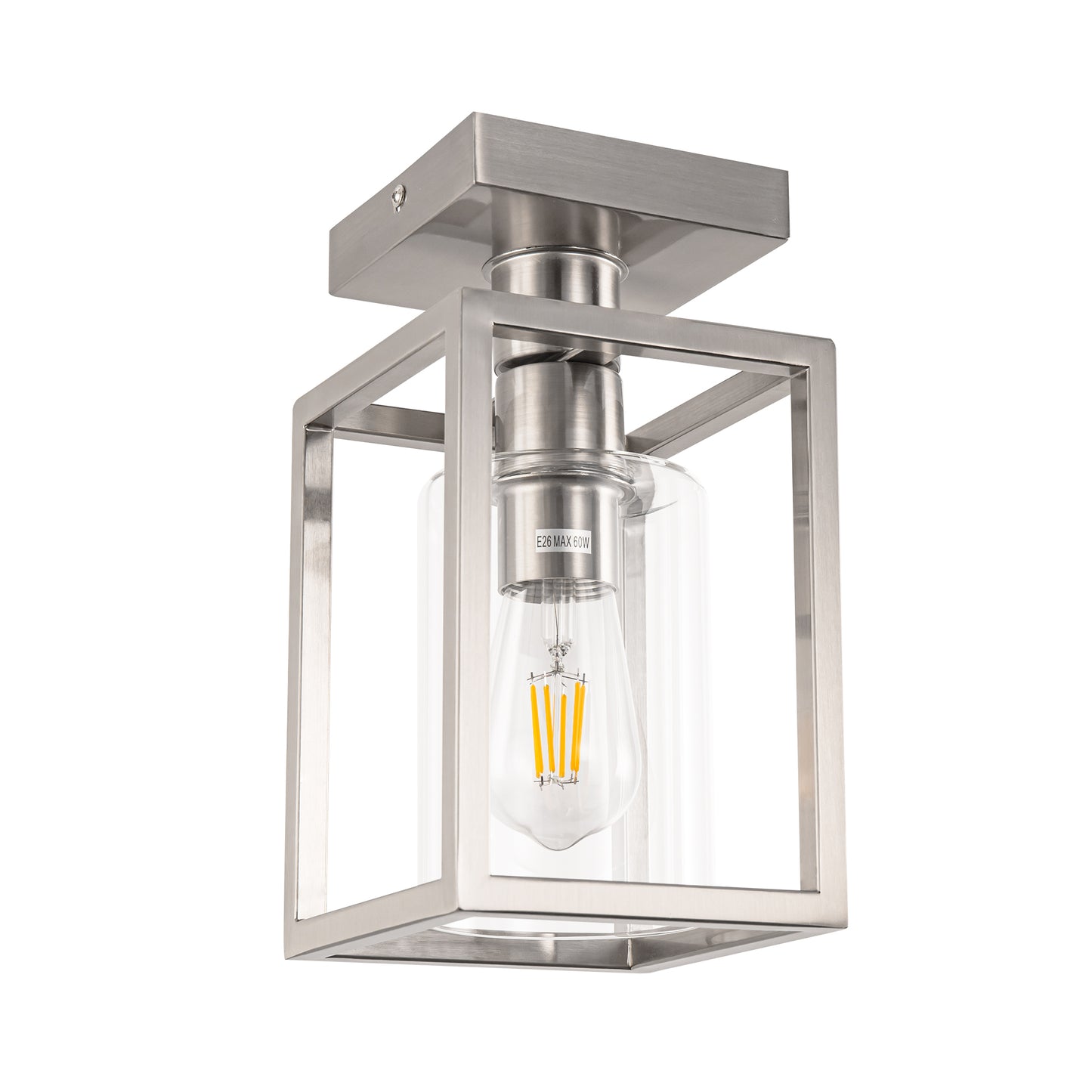 YANSUN 6 in. Nickel 1-Light Cage Semi Flush Mount Ceiling Light with Glass Shade for Living Room Hallway