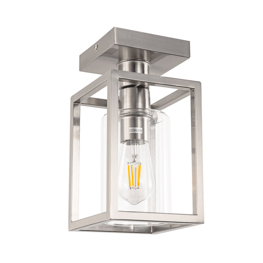 YANSUN 6 in. Nickel 1-Light Cage Semi Flush Mount Ceiling Light with Glass Shade for Living Room Hallway