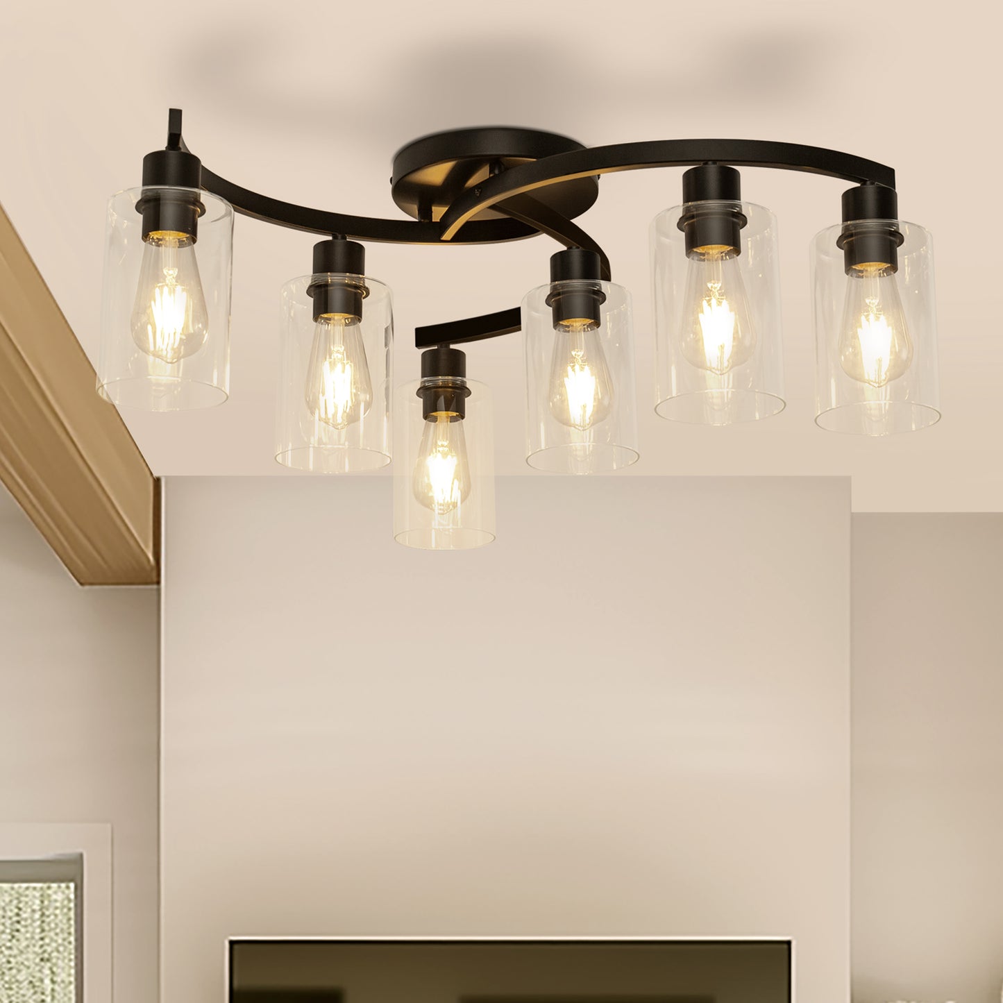 20.5 in. Black Semi-Flush Mount, 6-Light Industrial Ceiling Light, Hallway Light Fixtures with Clear Glass Shades