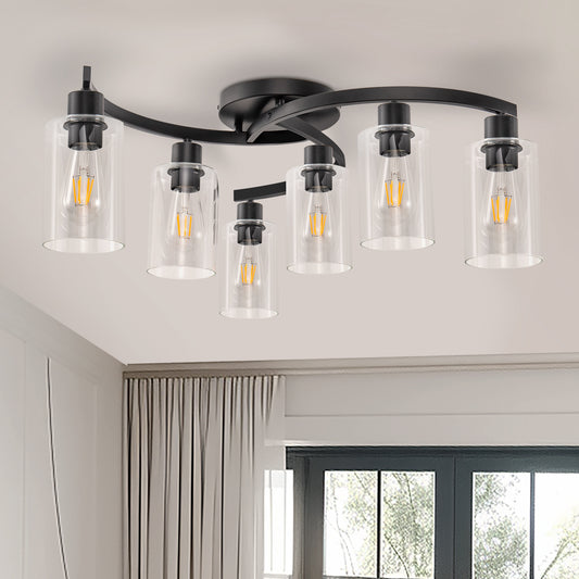 20.5 in. Black Semi-Flush Mount, 6-Light Industrial Ceiling Light, Hallway Light Fixtures with Clear Glass Shades