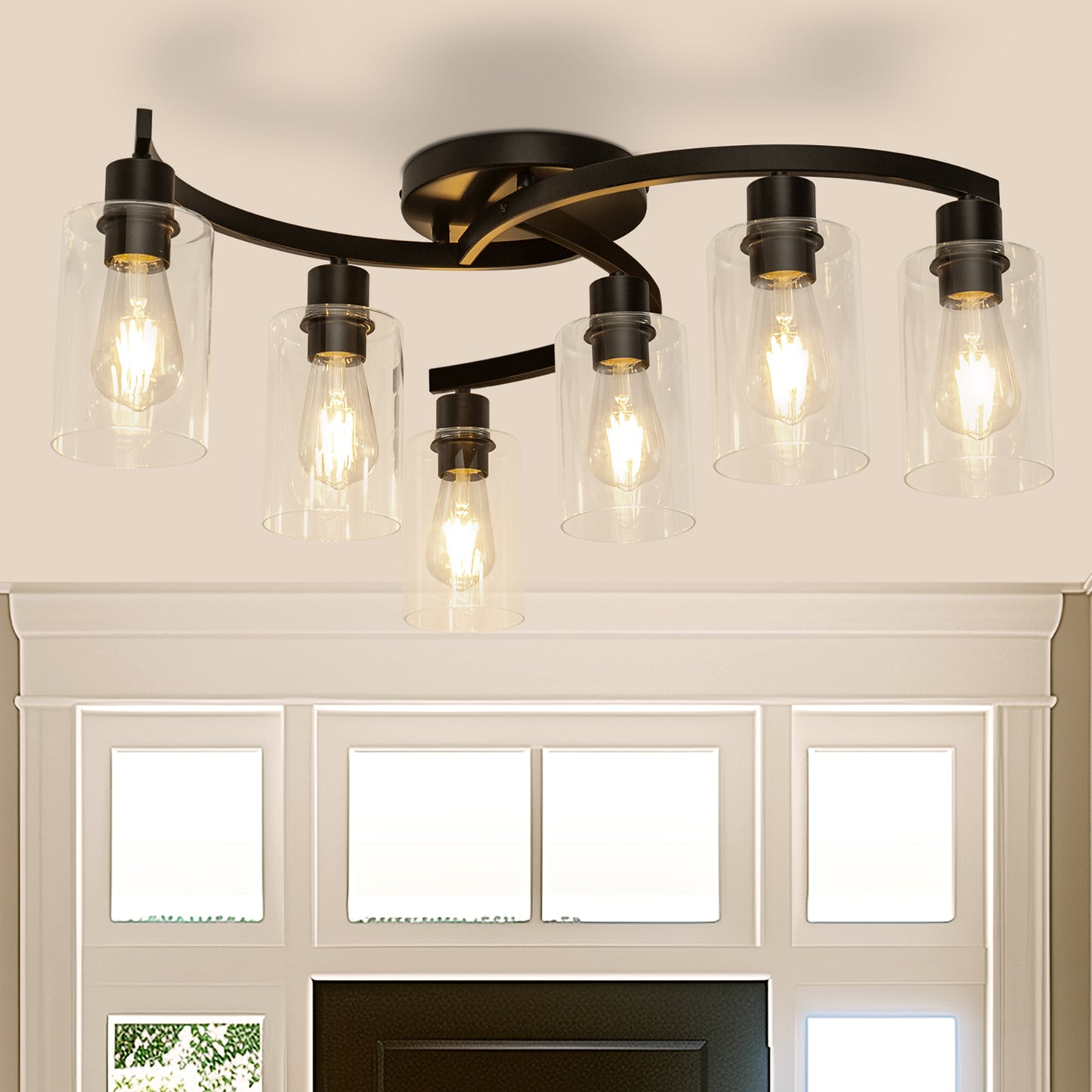 20.5 in. Black Semi-Flush Mount, 6-Light Industrial Ceiling Light, Hallway Light Fixtures with Clear Glass Shades