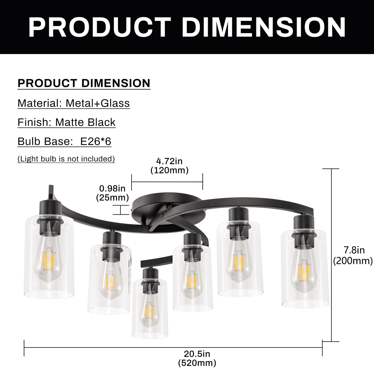 20.5 in. Black Semi-Flush Mount, 6-Light Industrial Ceiling Light, Hallway Light Fixtures with Clear Glass Shades