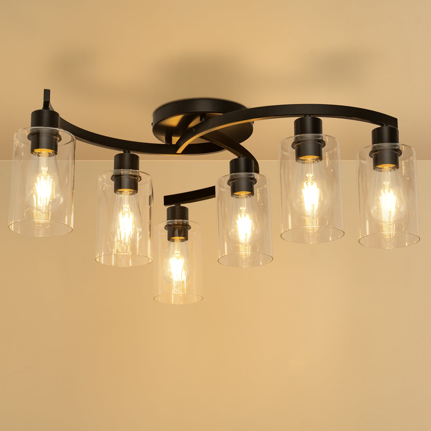20.5 in. Black Semi-Flush Mount, 6-Light Industrial Ceiling Light, Hallway Light Fixtures with Clear Glass Shades