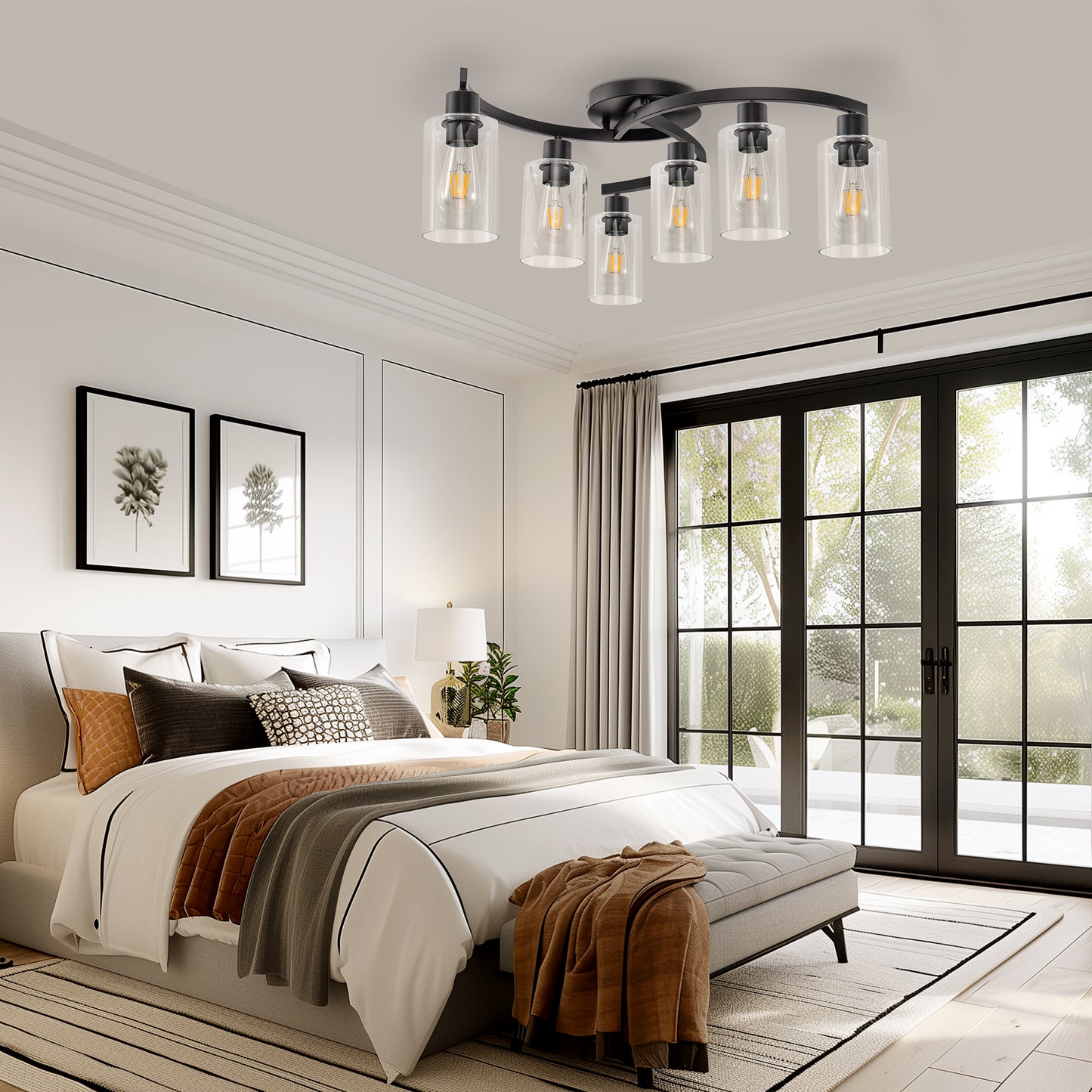 20.5 in. Black Semi-Flush Mount, 6-Light Industrial Ceiling Light, Hallway Light Fixtures with Clear Glass Shades