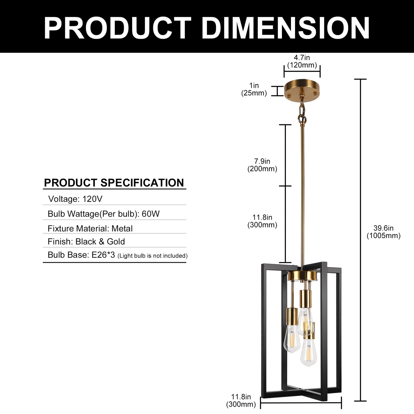 3-Light Modern Rectangle Black and Gold Pendant Kitchen Island Pendant Light